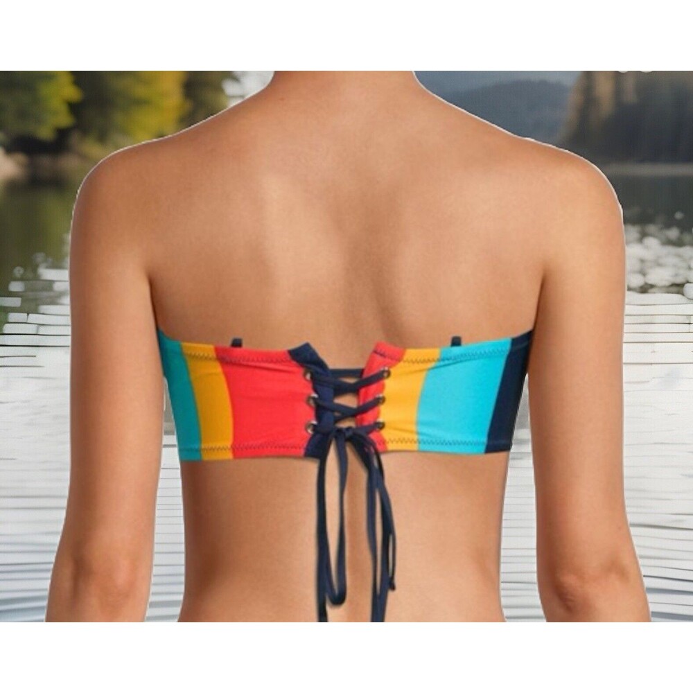 Sperry High Waist Bandeau Bikini 2 Piece XL Coastal Preppy Striped Lace Up Back - Picture 4 of 14
